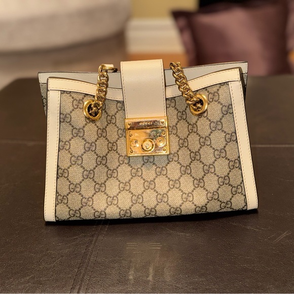 Gucci Handbags - Small Gucci Supreme Monogram Padlock White Trim Canvas Chain-Handle Tote
